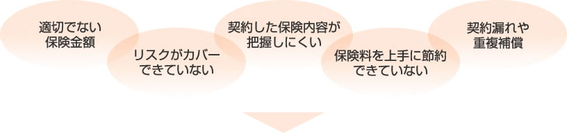 「適切でない保険料」「リスクがカバーできていない」「契約した保険内容が把握しにくい」「保険料を上手に節約できていない」「契約漏れや重複補償」